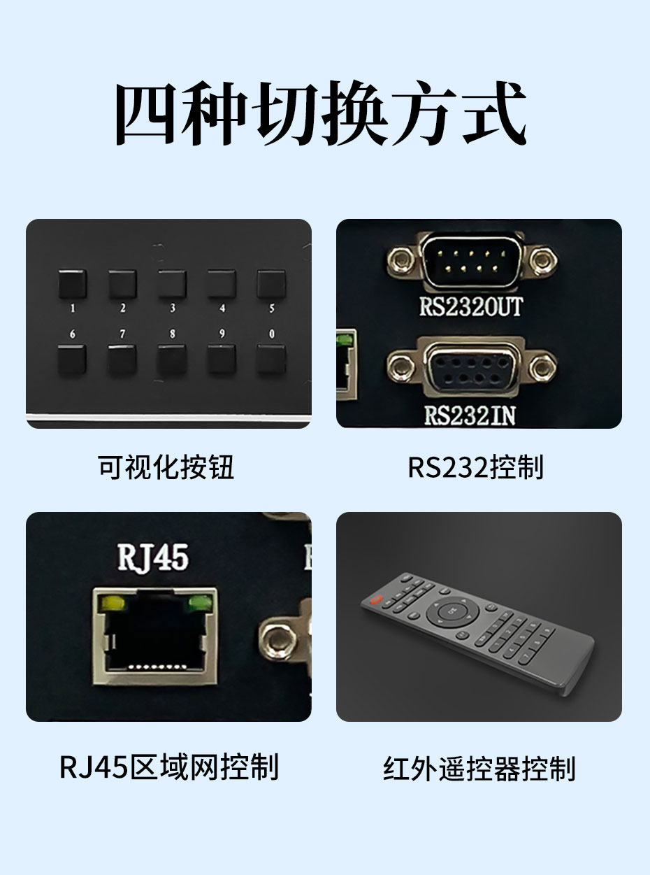cq9电子平台网站HDMI矩阵切换器16进16出1616H支持四种切换方式：按键切换、遥控切换、RS232切换、RJ45局域网切换